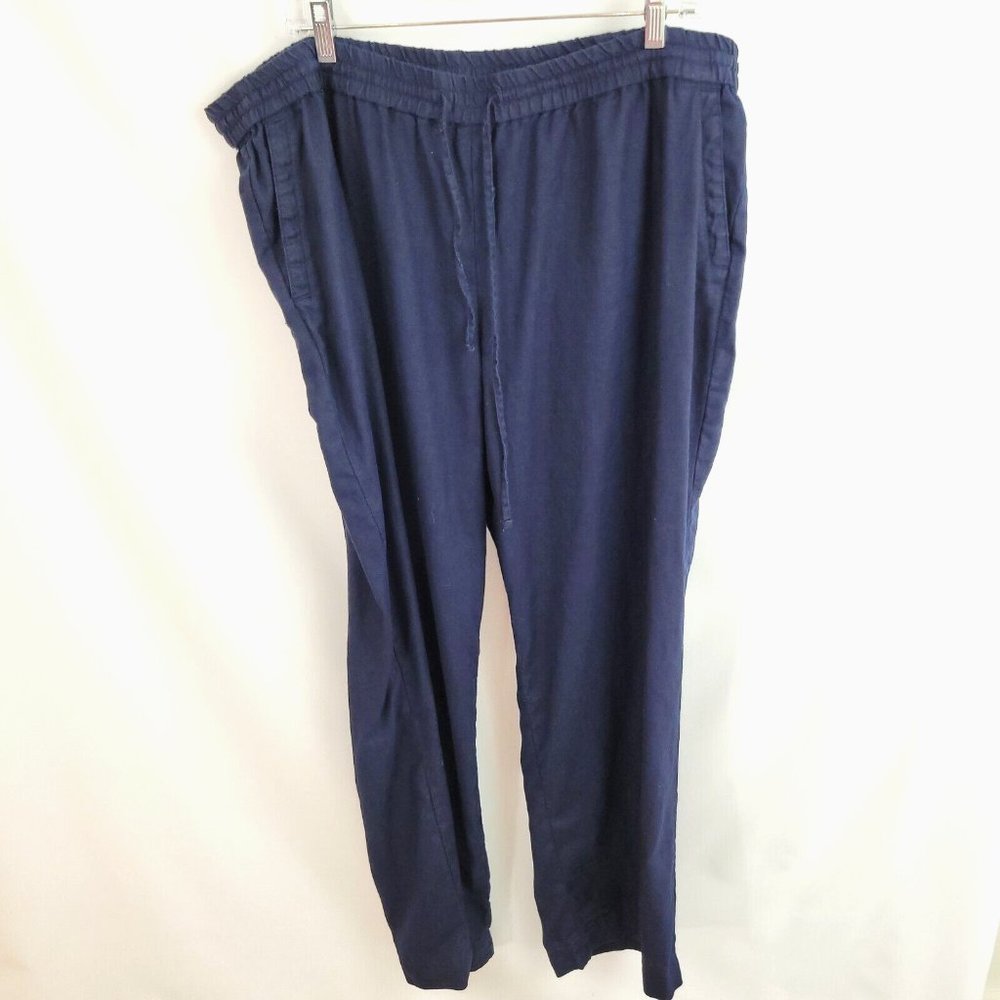 Talbots Linen 18W Pants Blue  41" x 31" Drawstring Elastic Waist Navy Pockets